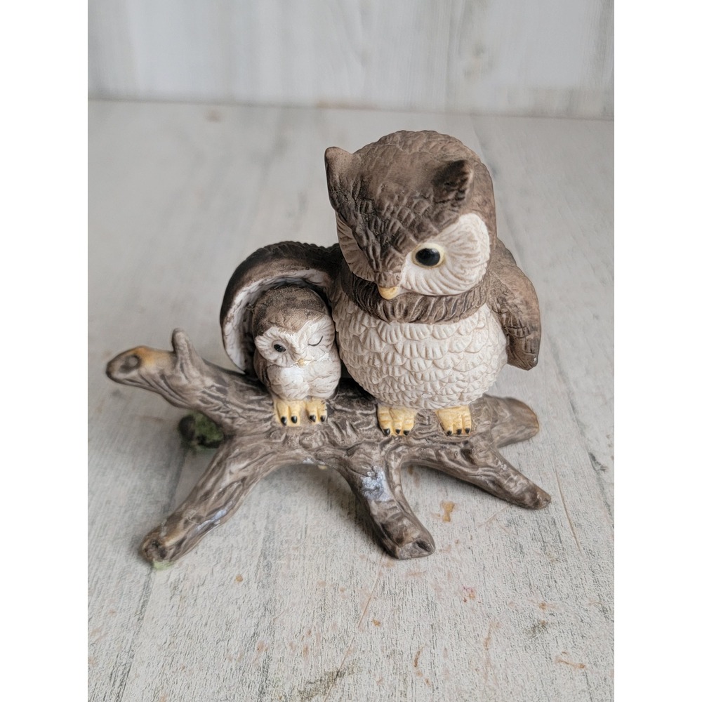 Enesco vintage horned‎ brown owl baby mother branch mini figure bird decor